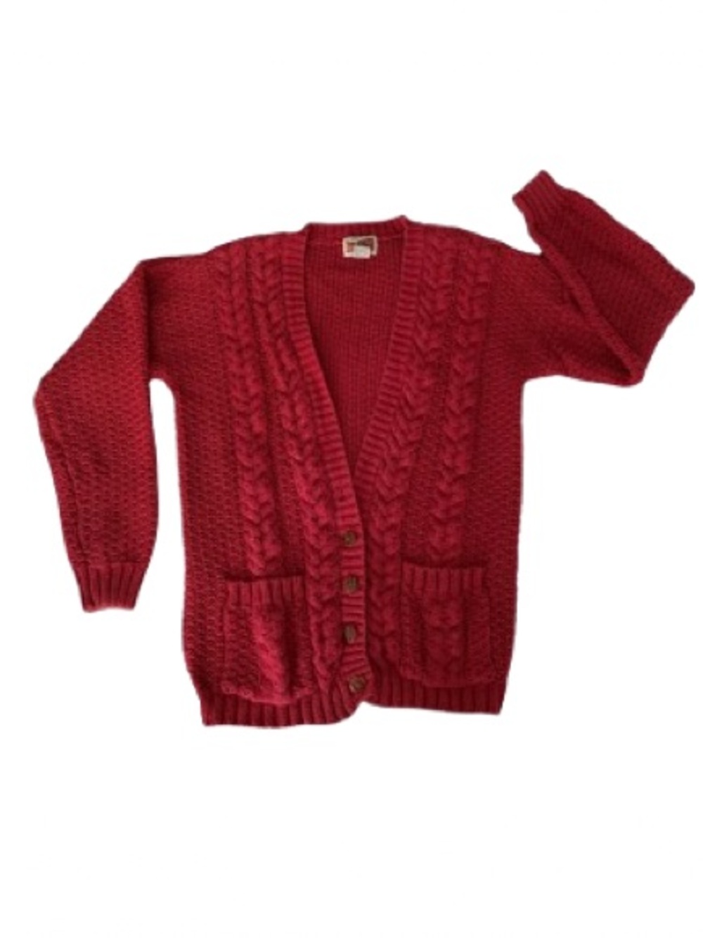 VTG Red Camel Cable Knit Cardigan Juniors M Red Long Sweater 80s Shoulder Pads